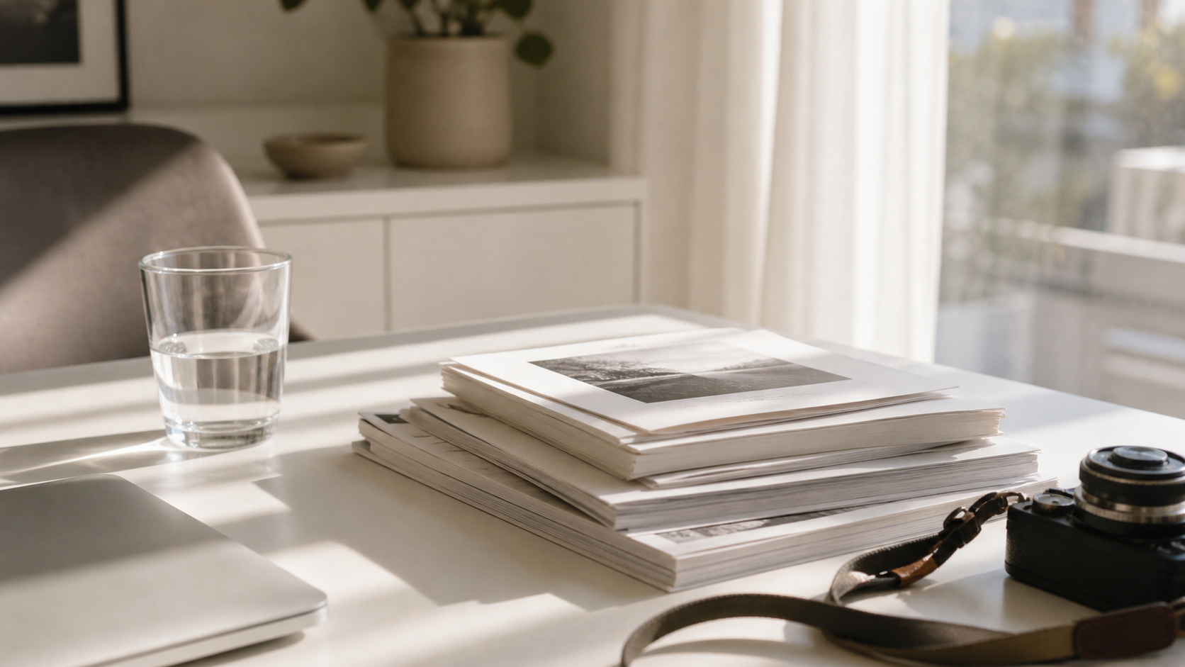 clean magazine stack with sunlit white wall