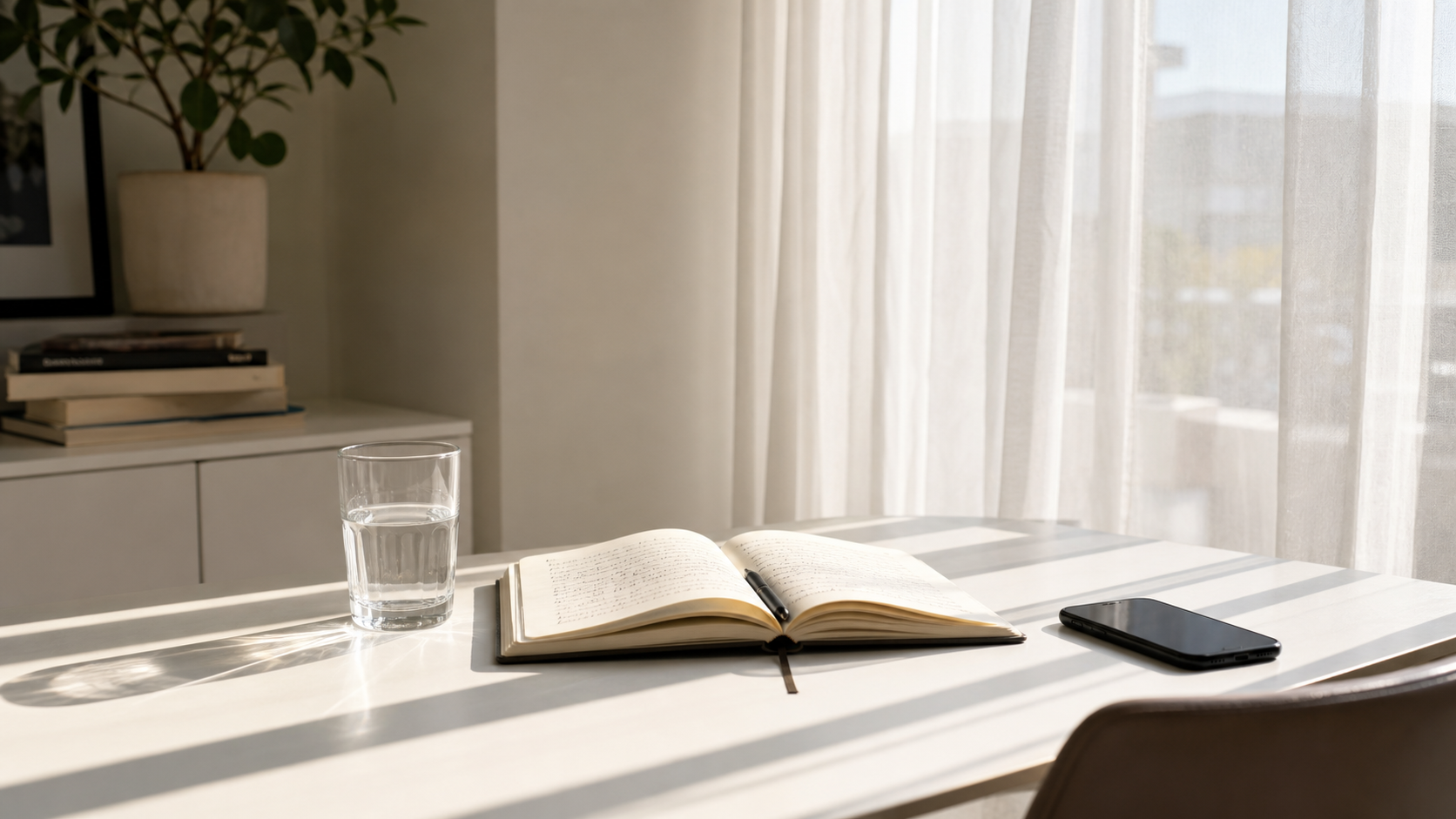soft morning desk with notebook, glass, phone, white curtains
