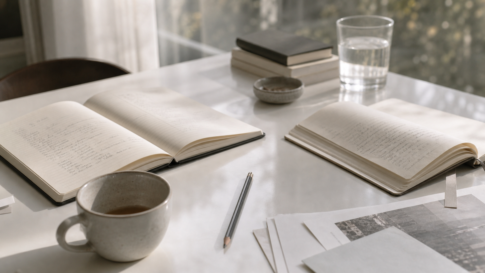 two notebooks open with pencil lines and a window reflection