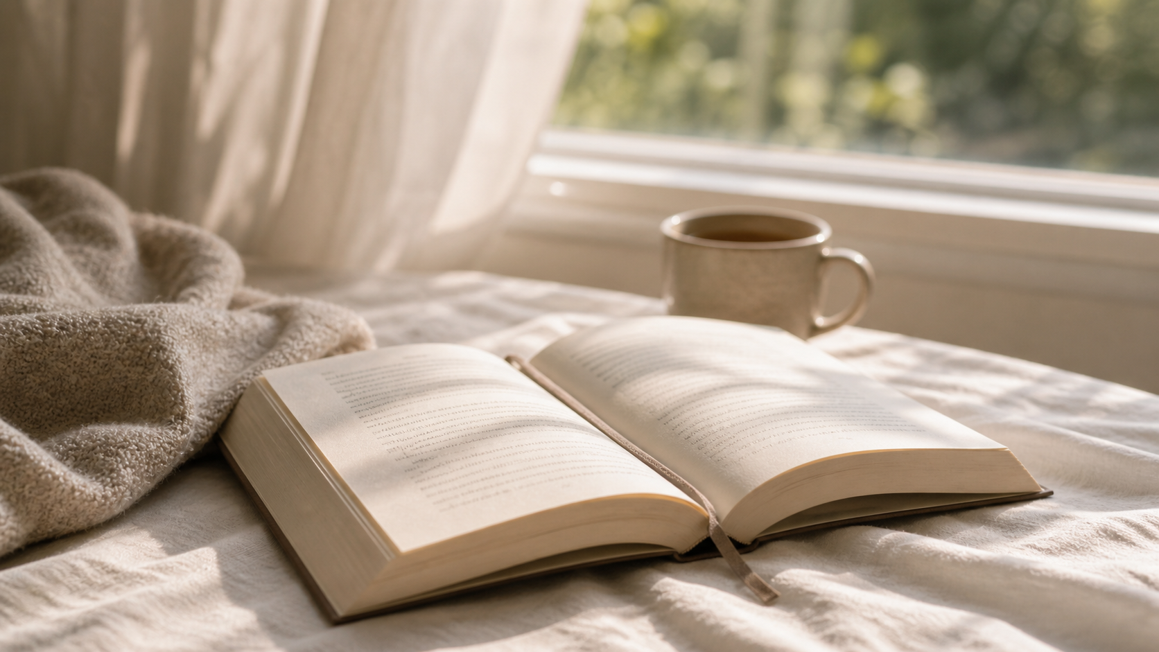 open book, bookmark, white cotton curtain, afternoon sun