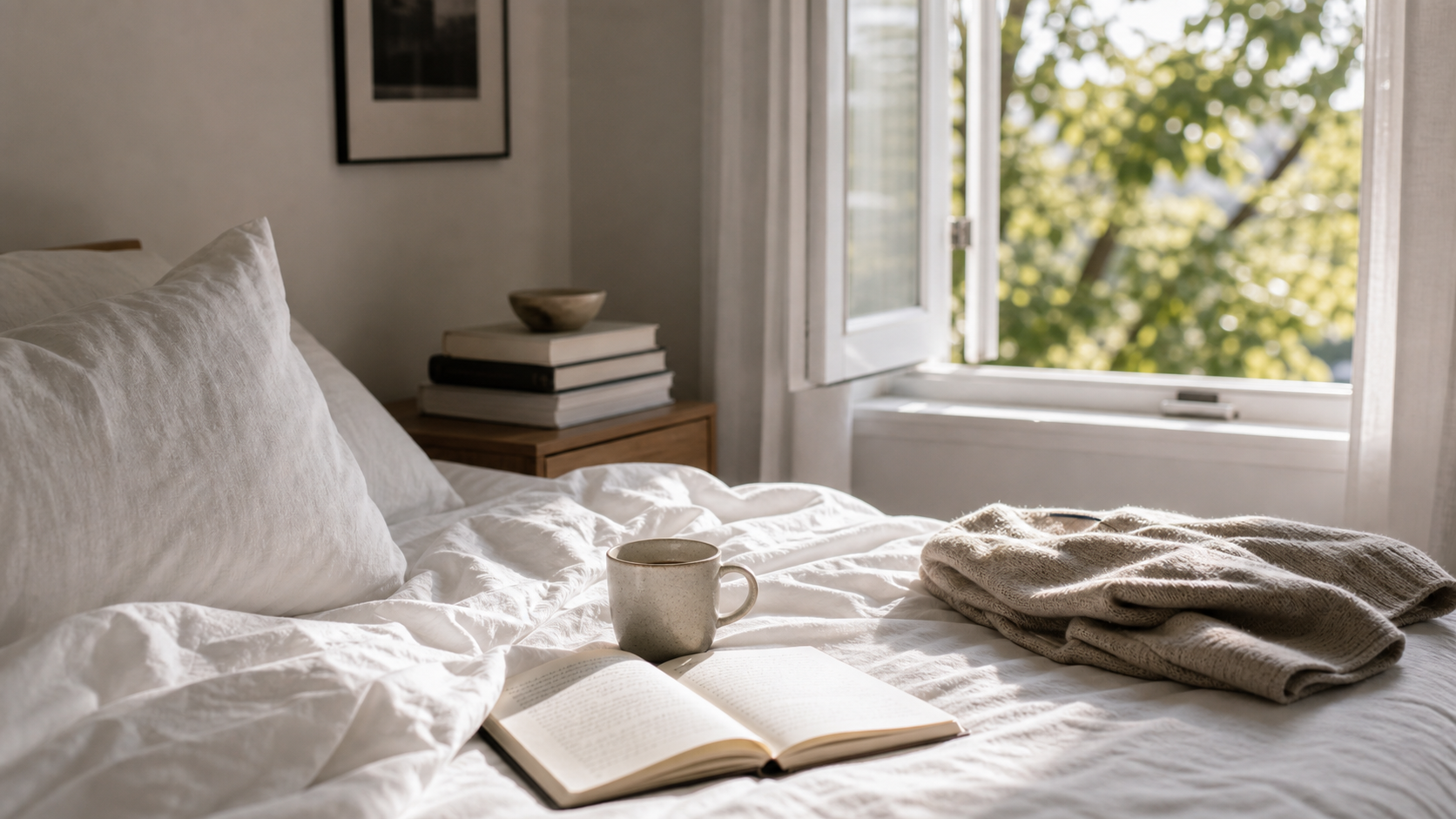 fresh sheets, open window, small stack of books