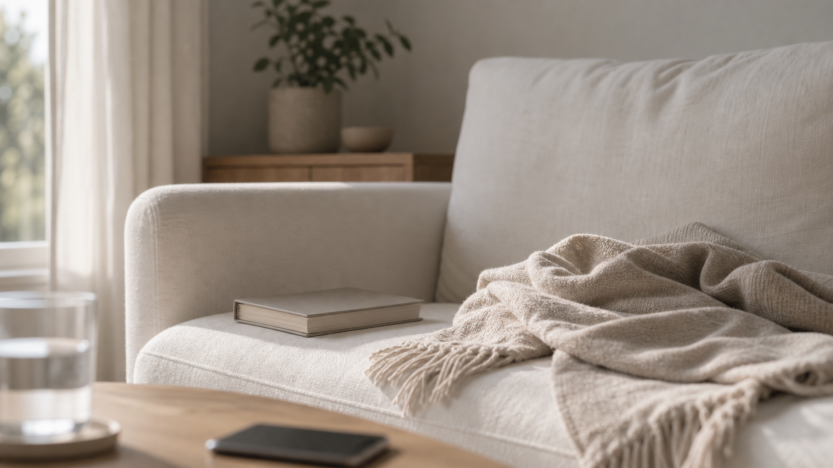 quiet sofa with folded blanket and muted afternoon light