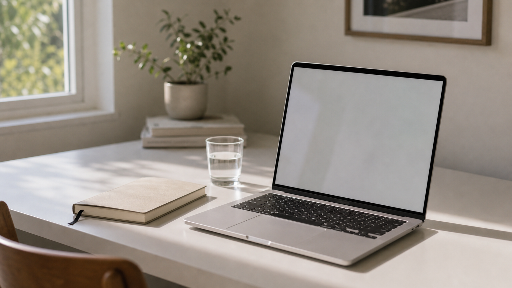 minimal laptop screen with blank white page and morning light