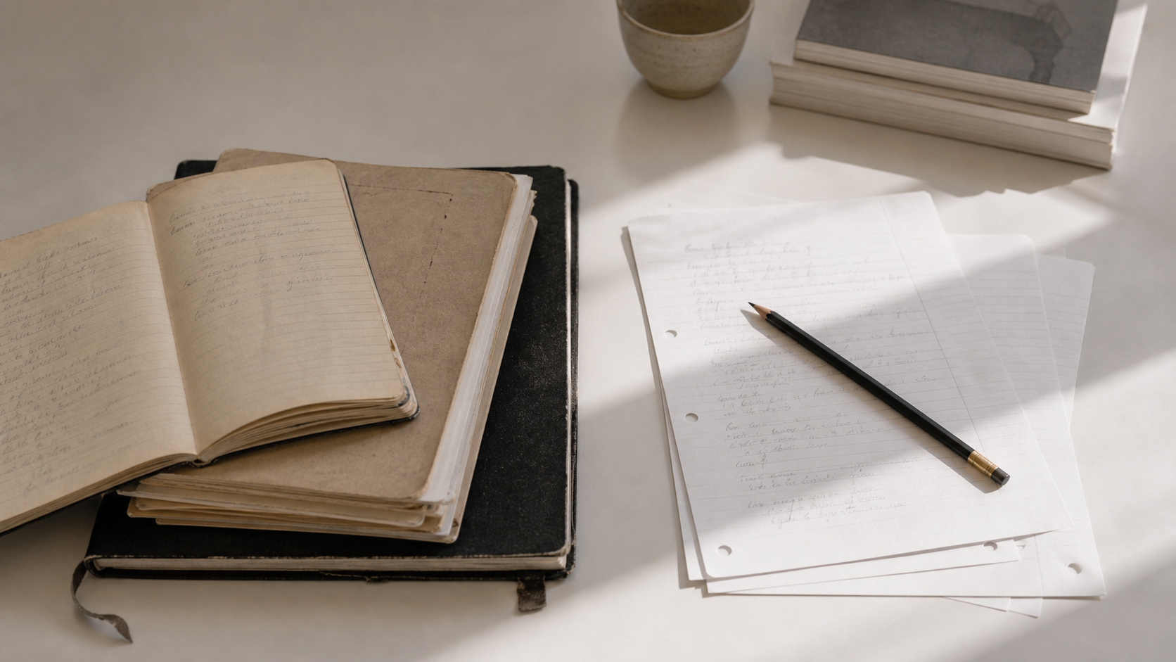 old notes and new notes side by side on white desk