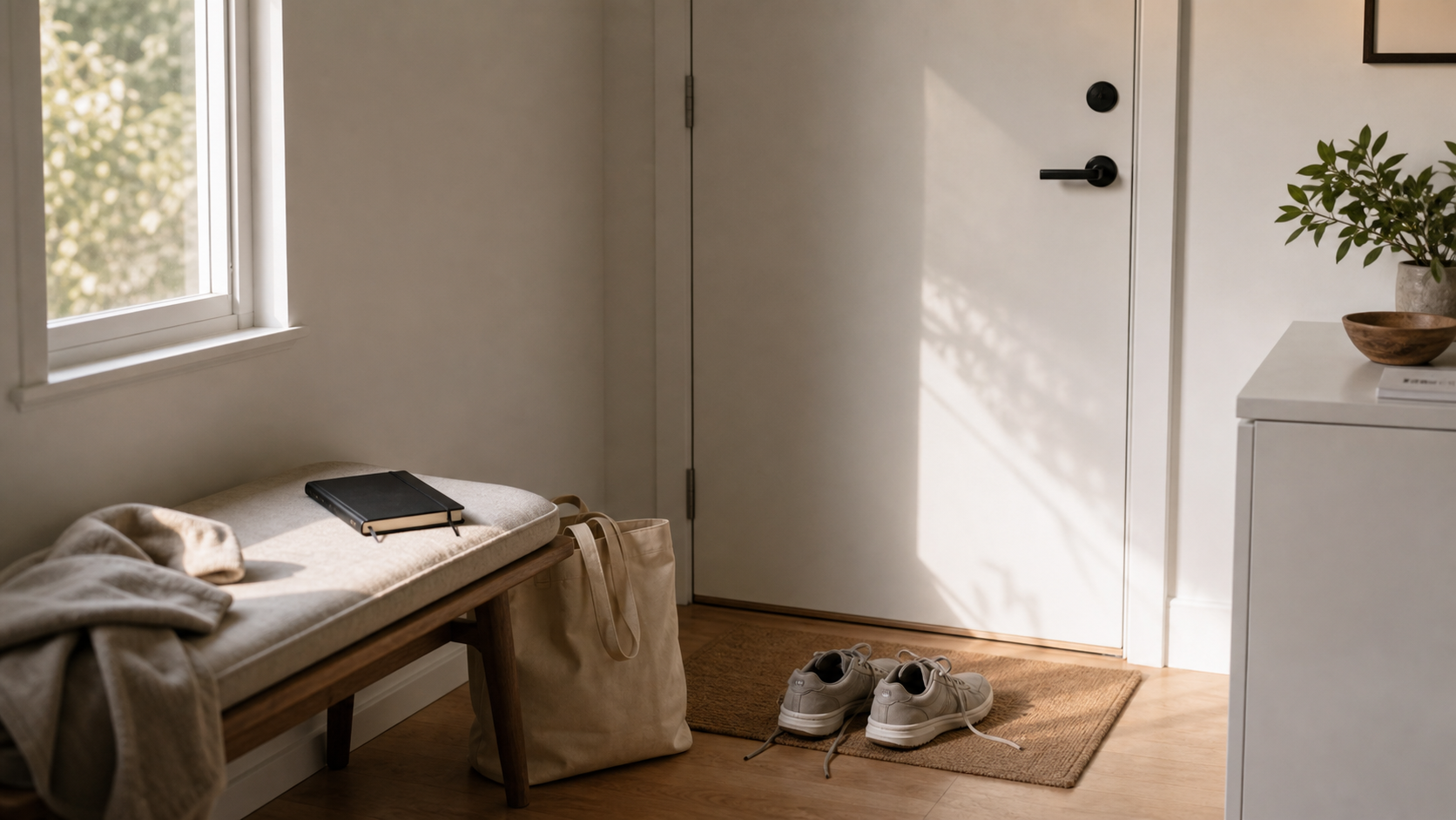window, walking shoes, notebook, and late afternoon light