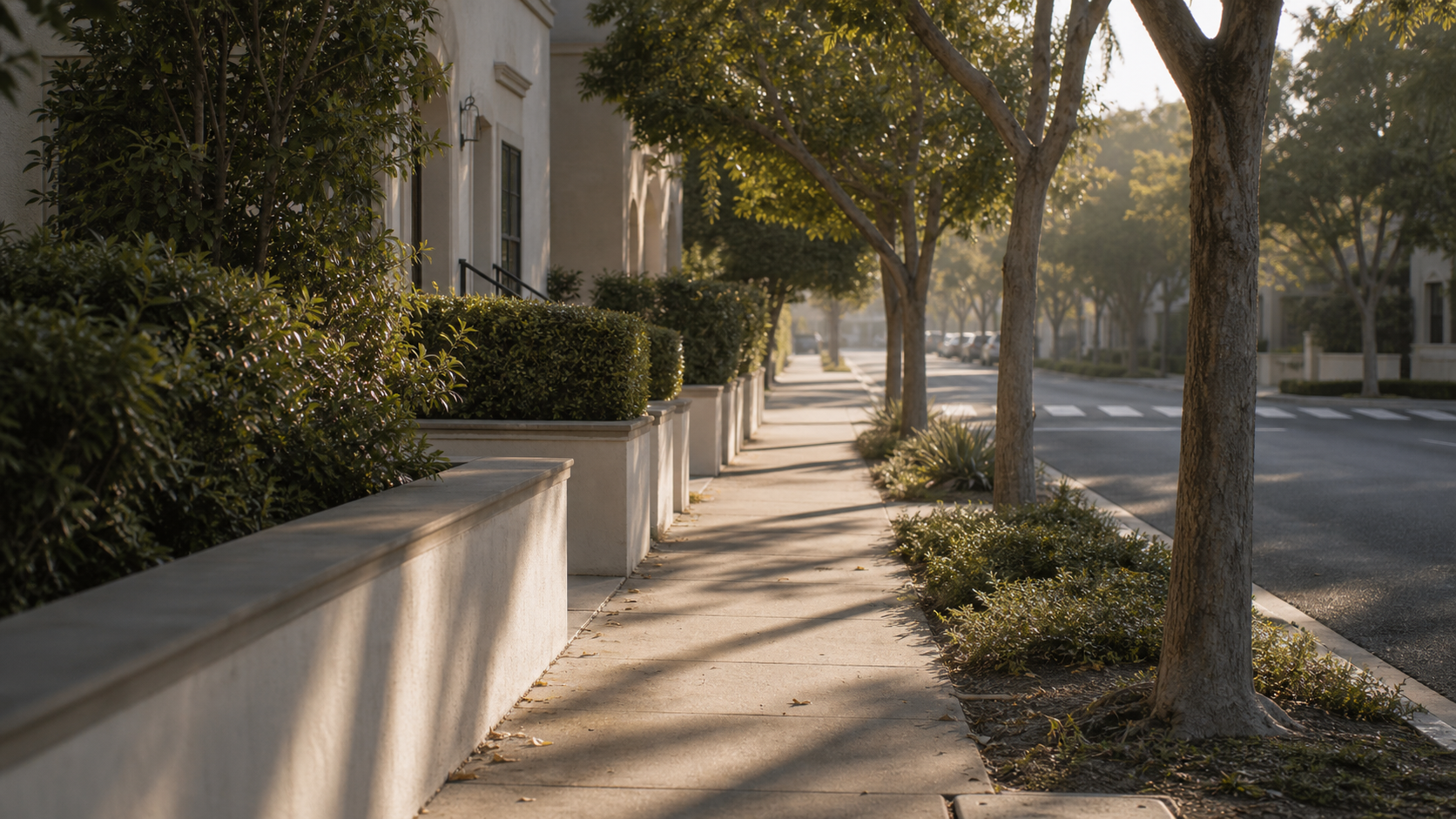 minimal sidewalk with long shadows and pale buildings