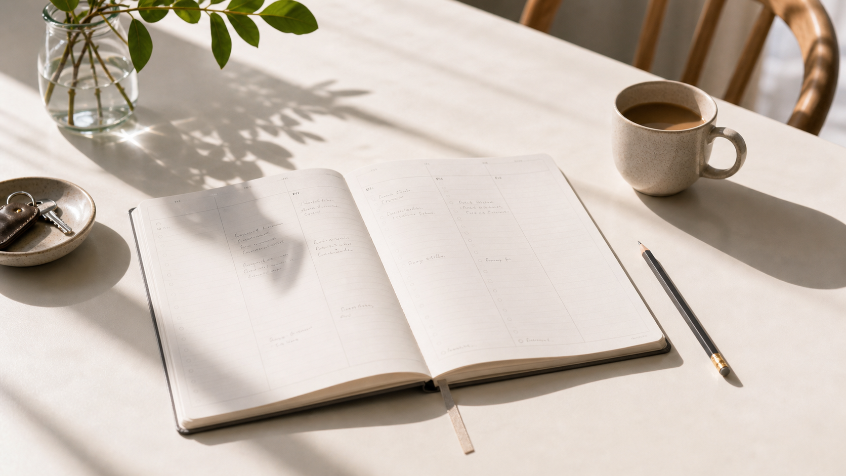 thin planner with open margins on a bright table