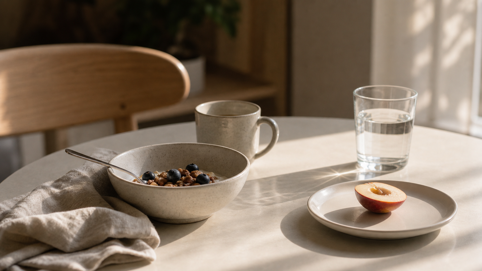 sunlit ceramic bowl, linen napkin, quiet breakfast table